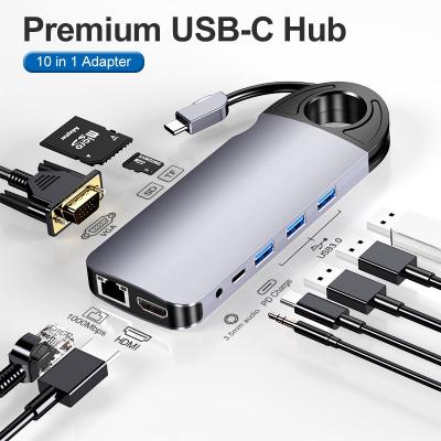 10 in 1 Type c to Gigabit RJ45 HDMI PD USB 3.0 VGA 3.5mm Audio Docking Station