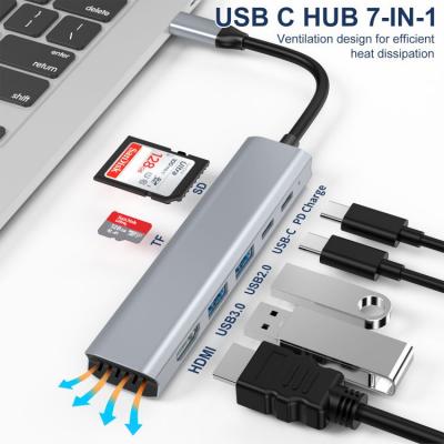 7 in 1 Type C converter input to HDMI Up to 4K HD PD Charging Up to 100W USB 3.0 5Gbps USB 2.0 480Mbps USB Type C SD Card slot TF Card slot adapter Dock Station