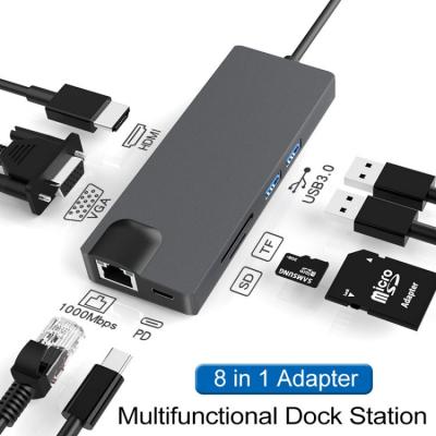 8 in 1 Type C to USB,PD,HDMI,VGA,RJ45 Plug and play multi-functional Dock Station