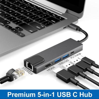 5 in 1 Type C USB HUB multi-function to USB 3.0 5Gbps RJ45 Gigabit LAN PD charging HDMI Dock Station